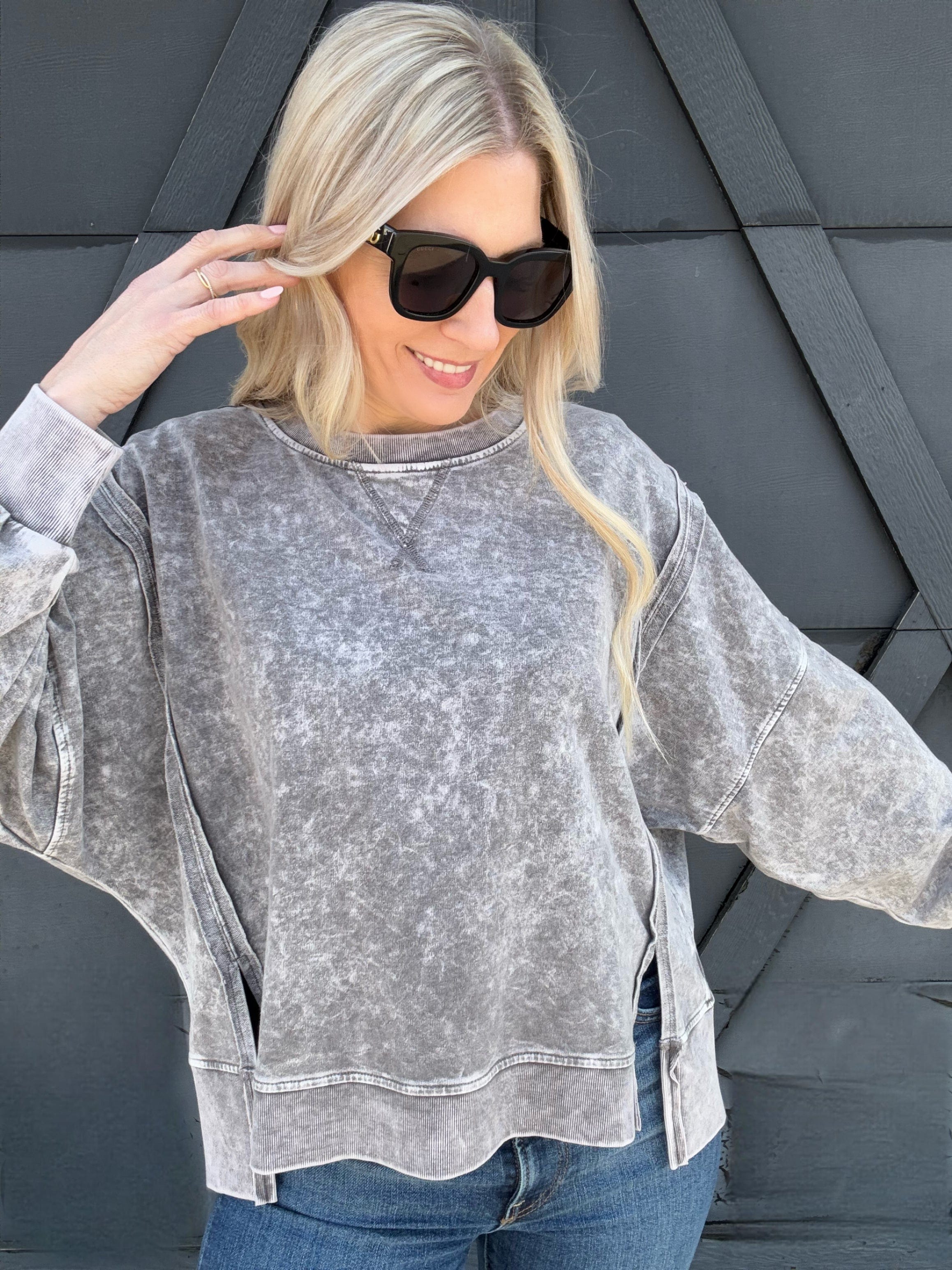 Washed Extended Shoulder Crewneck In Charcoal - Infinity Raine