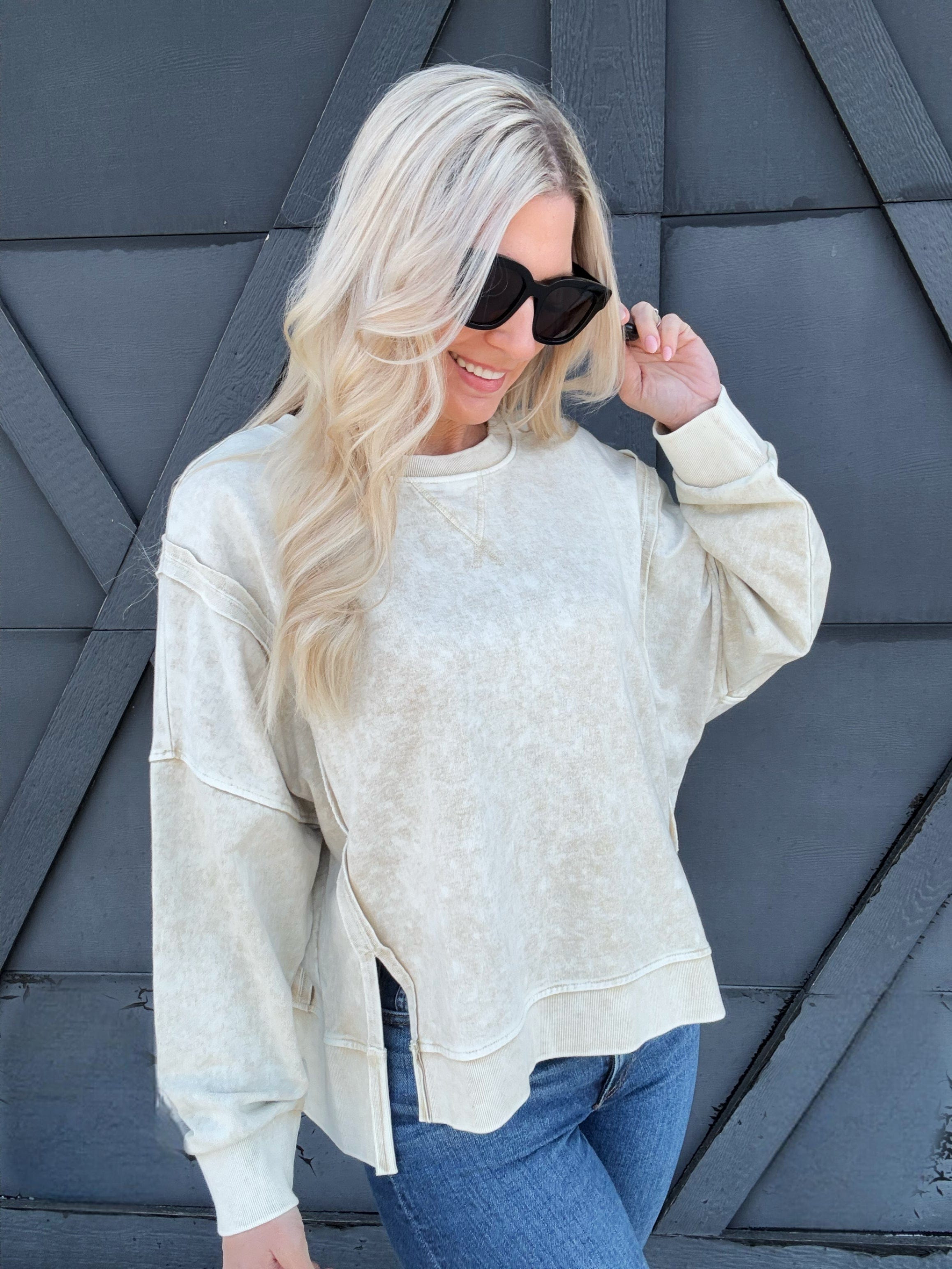 Washed Extended Shoulder Crewneck In Oatmeal - Infinity Raine