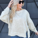 Washed Extended Shoulder Crewneck In Oatmeal - Infinity Raine