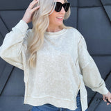 Washed Extended Shoulder Crewneck In Oatmeal - Infinity Raine