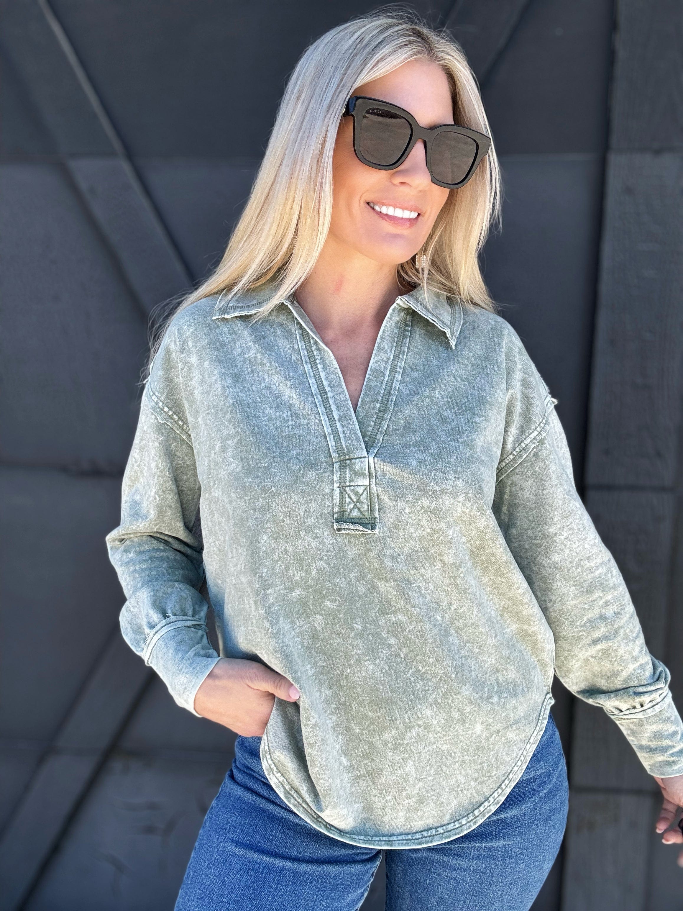 blu pepper Tops - Sweatshirts Washed U Hem Long Sleeve In Olive