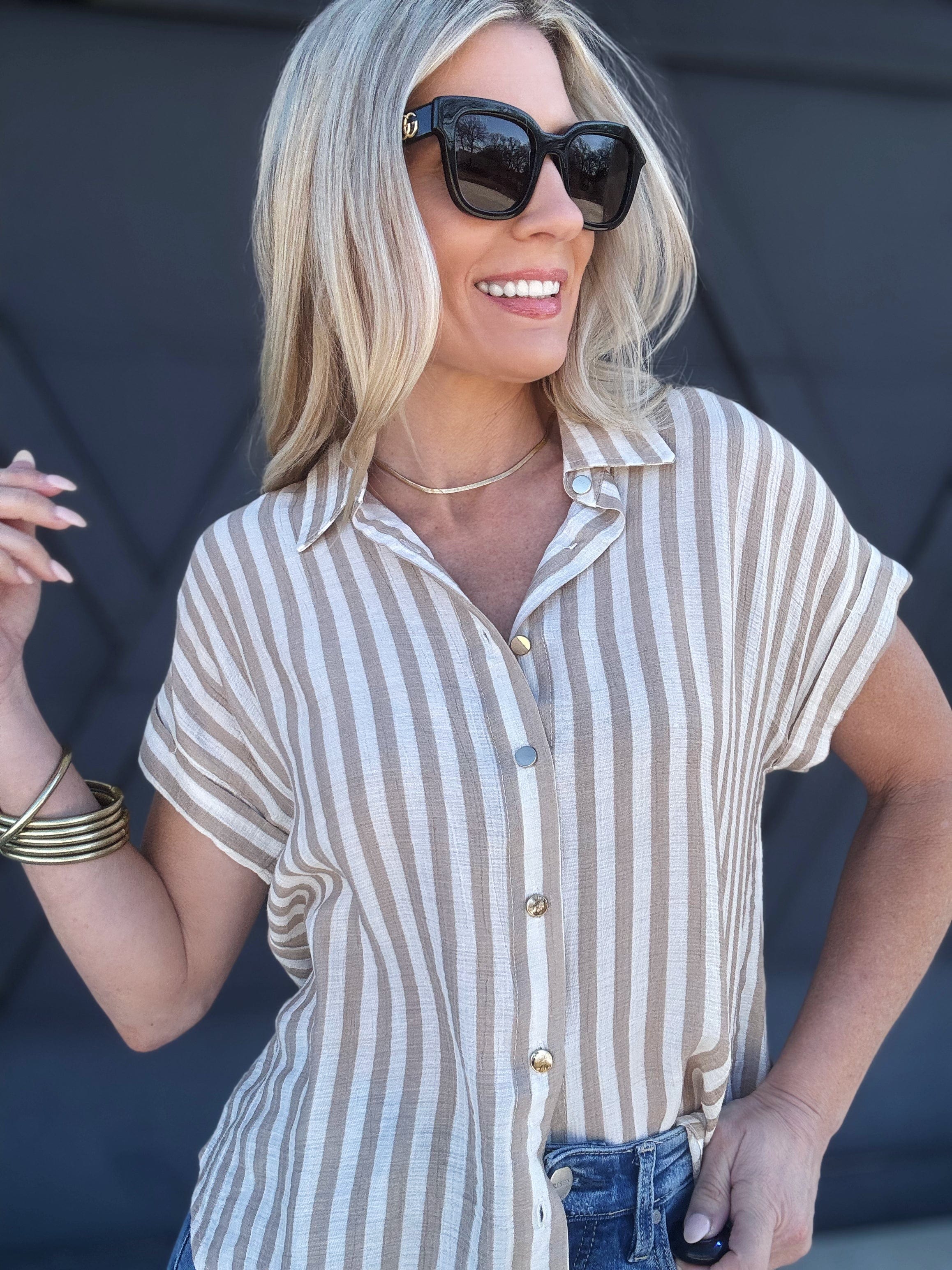 Stripe Tab Sleeve Button Down In Light Khaki - Infinity Raine