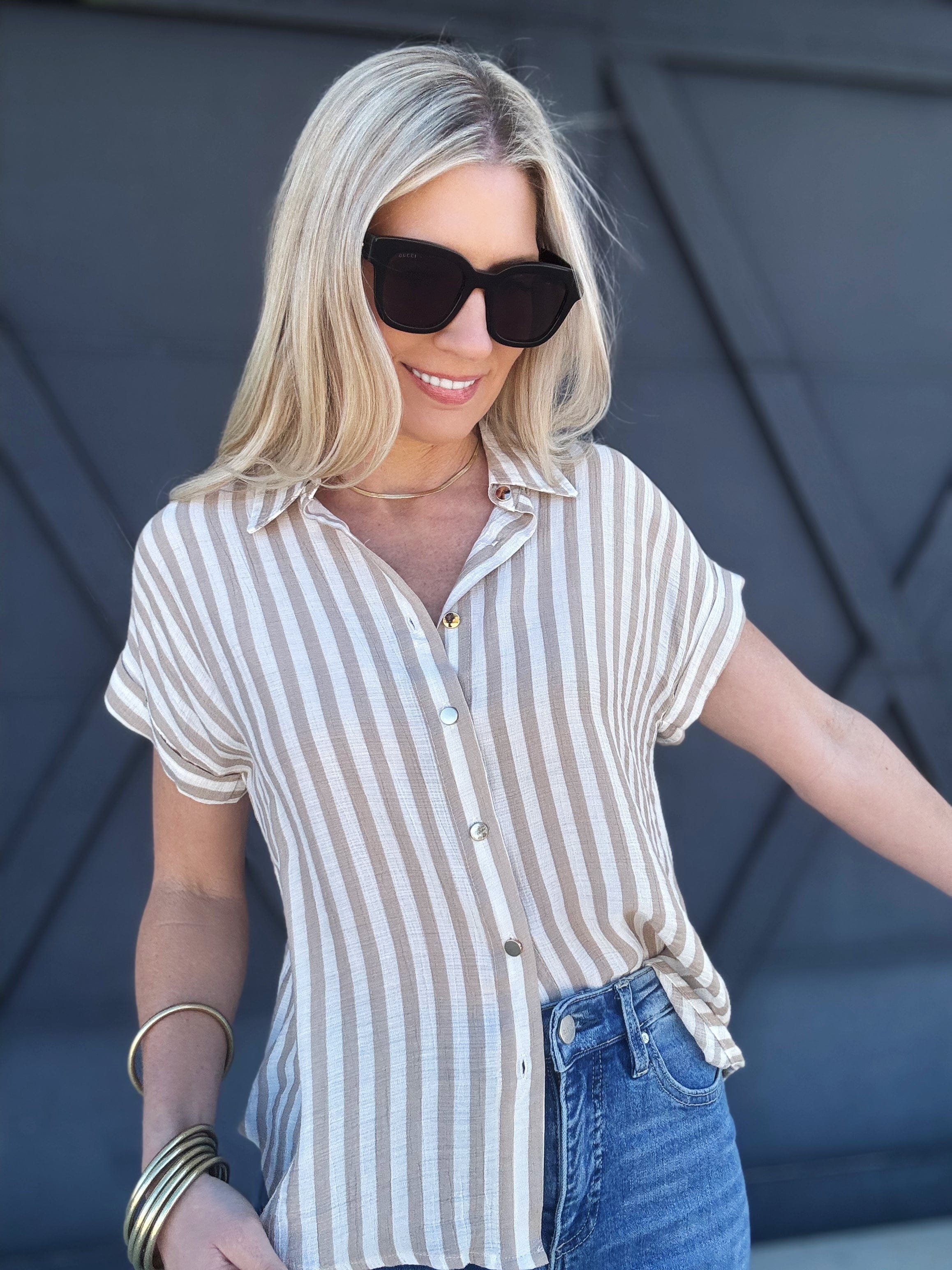 blu pepper Tops - Tanks Stripe Tab Sleeve Button Down In Light Khaki