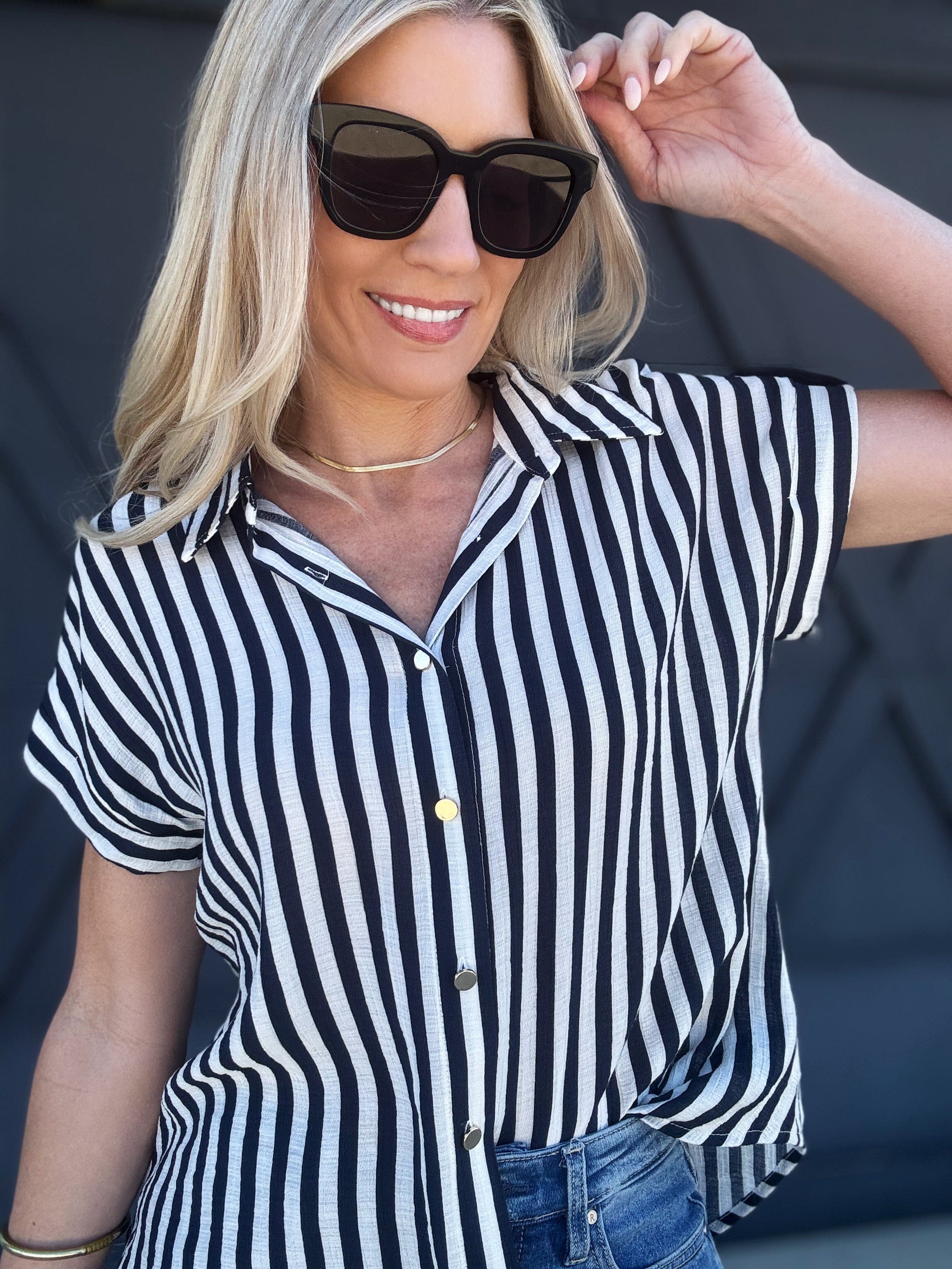 blu pepper Tops - Tanks Stripe Tab Sleeve Button Down In Navy