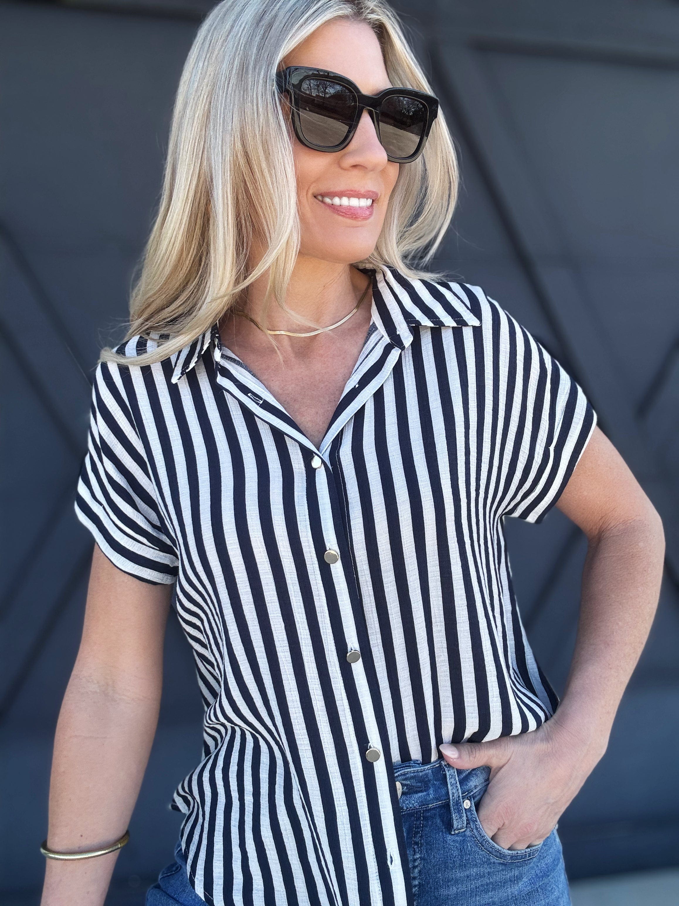 blu pepper Tops - Tanks Stripe Tab Sleeve Button Down In Navy