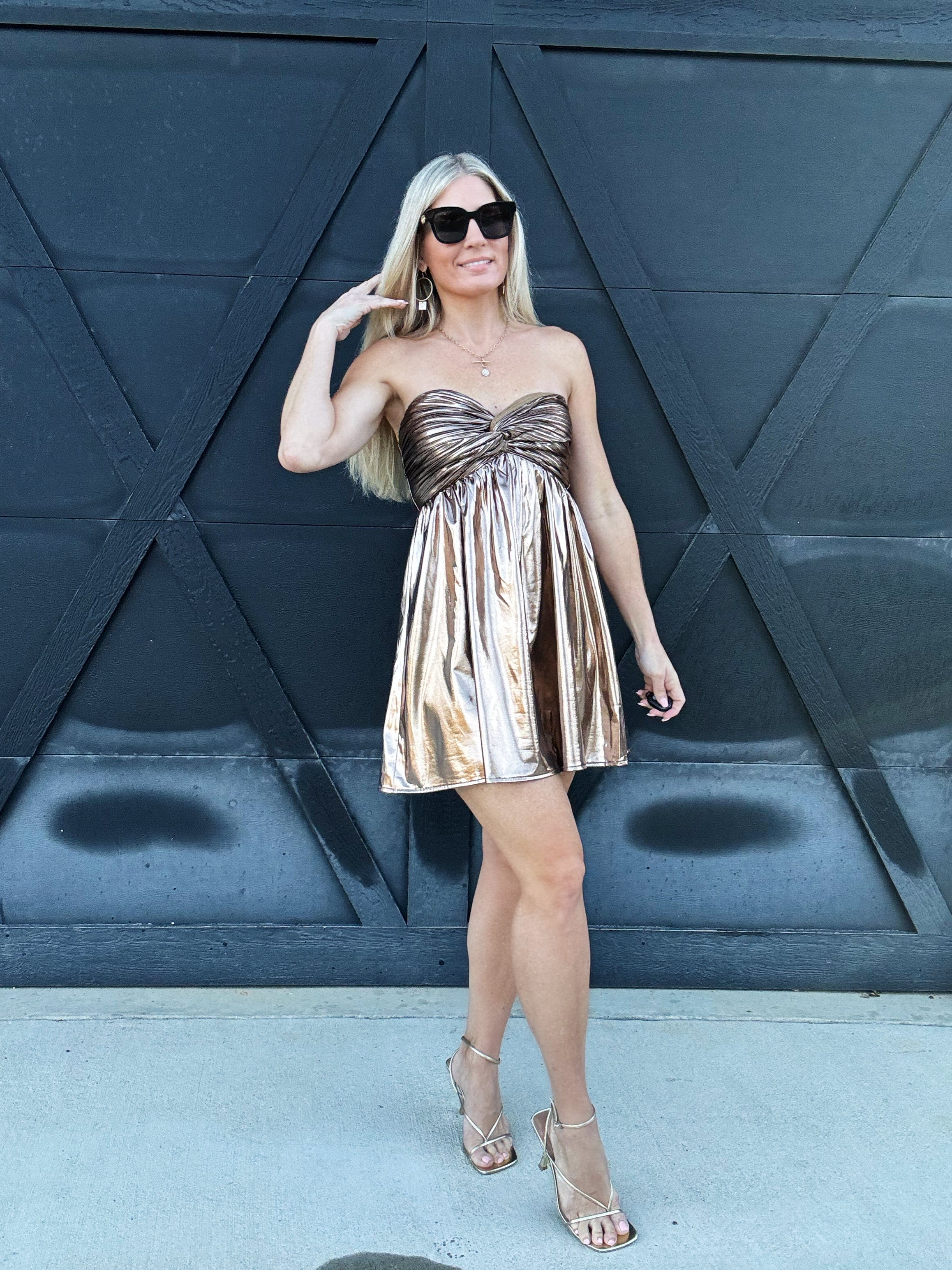 day + moon Dresses Strapless Metallic Mini Dress In Bronze