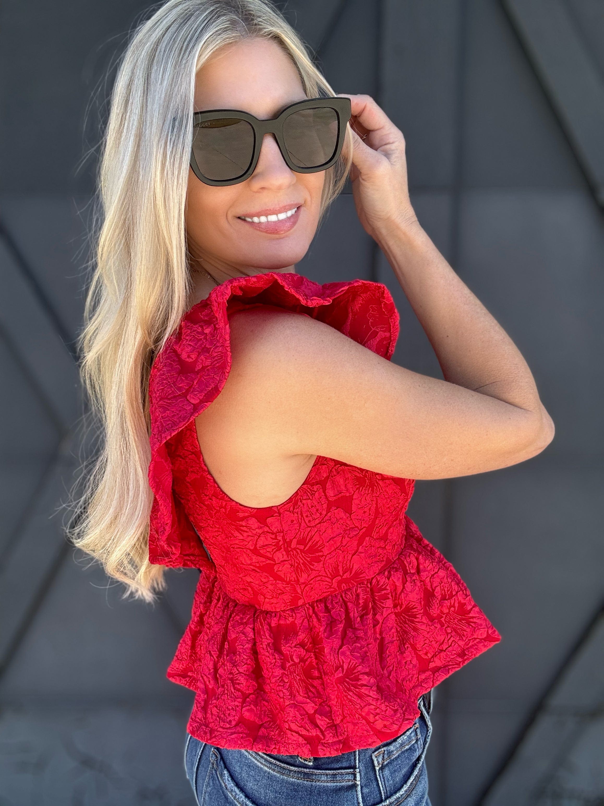 Jacquard Crop Baby Doll Top In Red - Infinity Raine