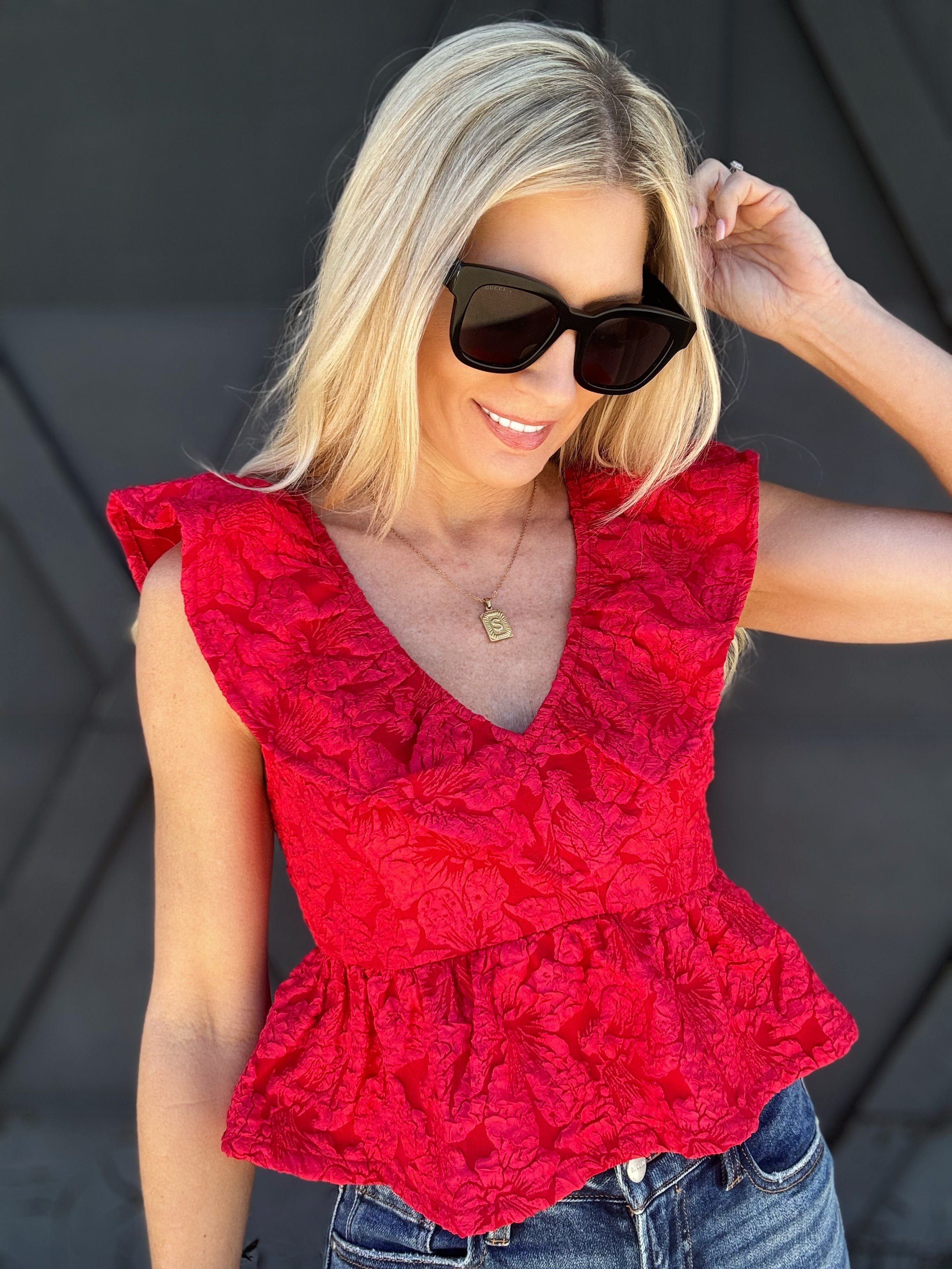 Jacquard Crop Baby Doll Top In Red - Infinity Raine