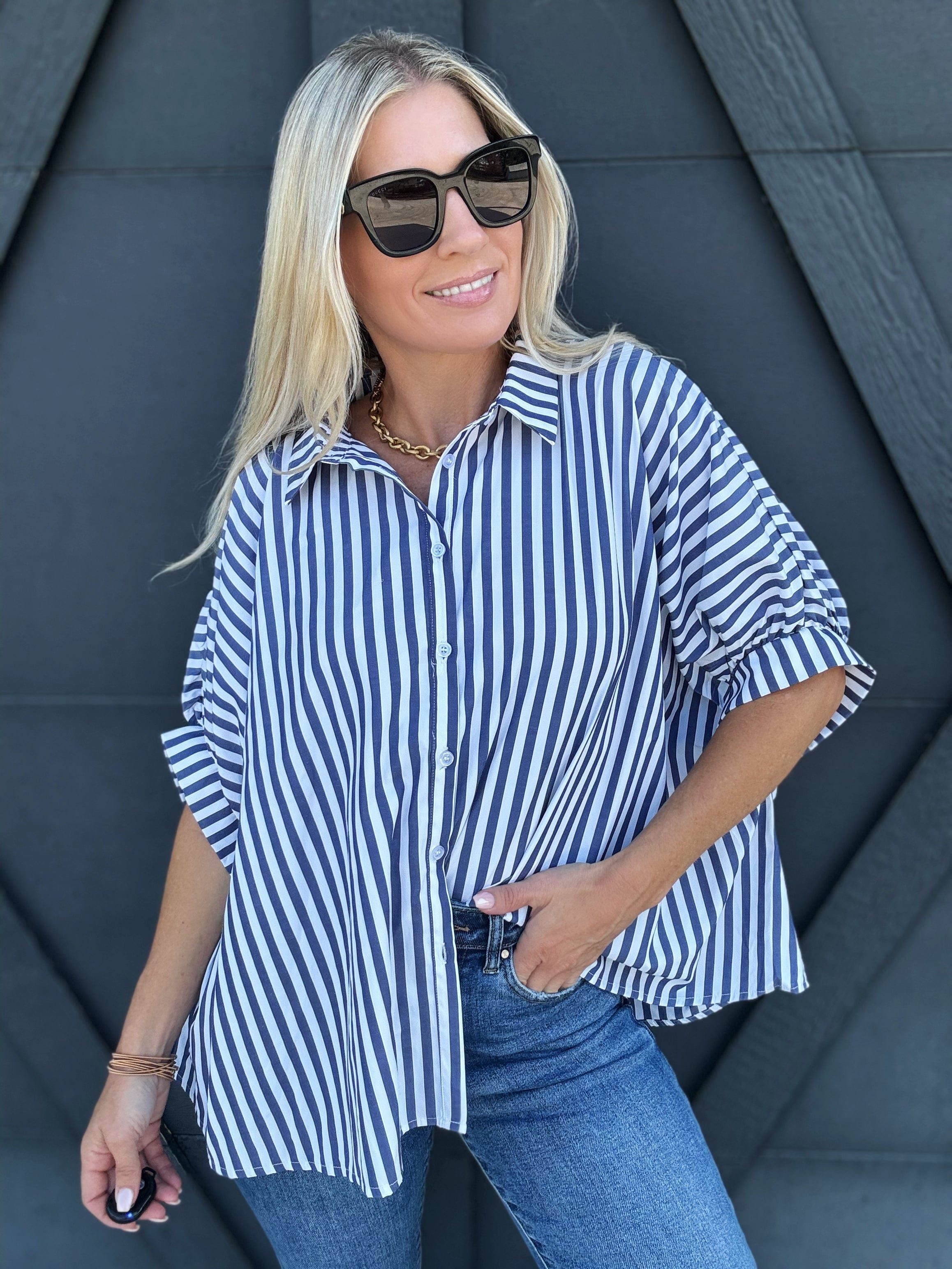 Oversized Striped Button Down Shirt In Navy - Infinity Raine