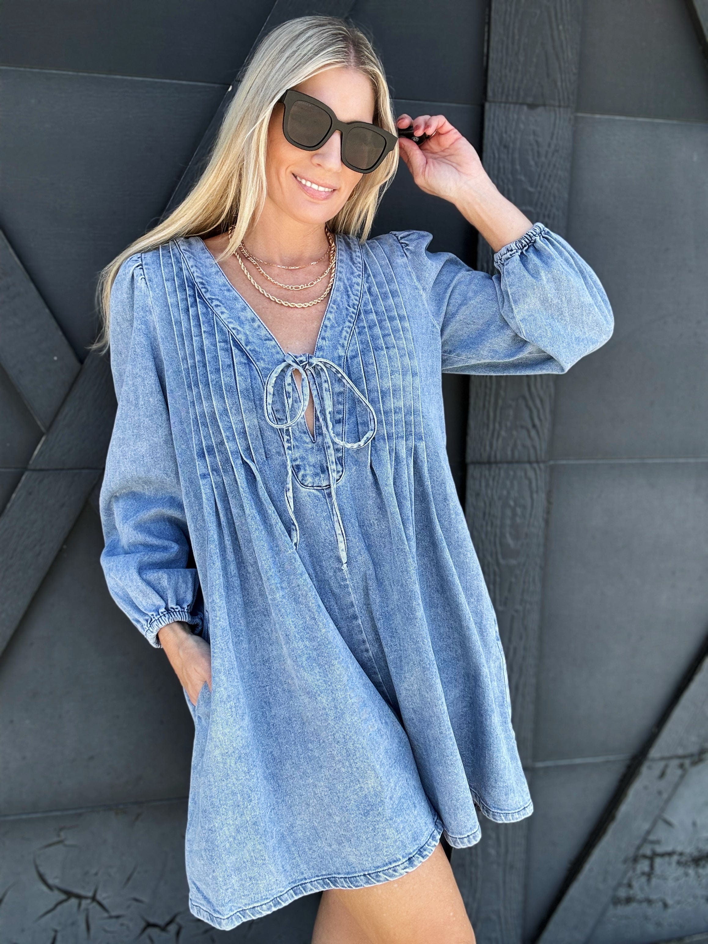 V Neck Long-Sleeved  Romper In Light Denim - Infinity Raine