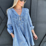 V Neck Long-Sleeved  Romper In Light Denim - Infinity Raine