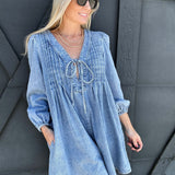 V Neck Long-Sleeved  Romper In Light Denim - Infinity Raine