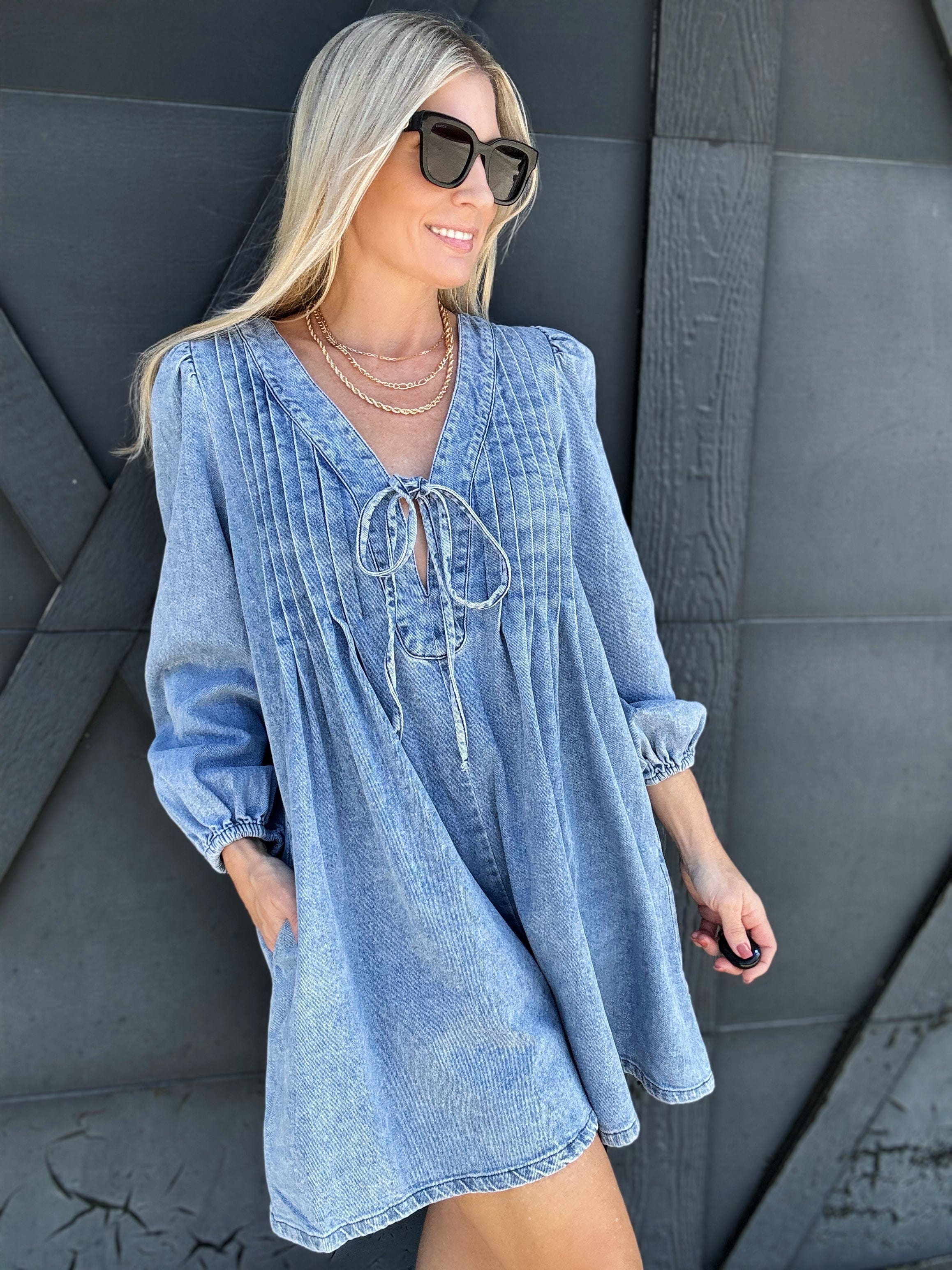 V Neck Long-Sleeved  Romper In Light Denim - Infinity Raine