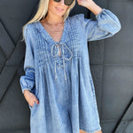 V Neck Long-Sleeved  Romper In Light Denim - Infinity Raine