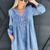 V Neck Long-Sleeved  Romper In Light Denim - Infinity Raine