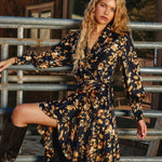 Ruffled Midi Wrap Dress In Midnight Glow - Infinity Raine