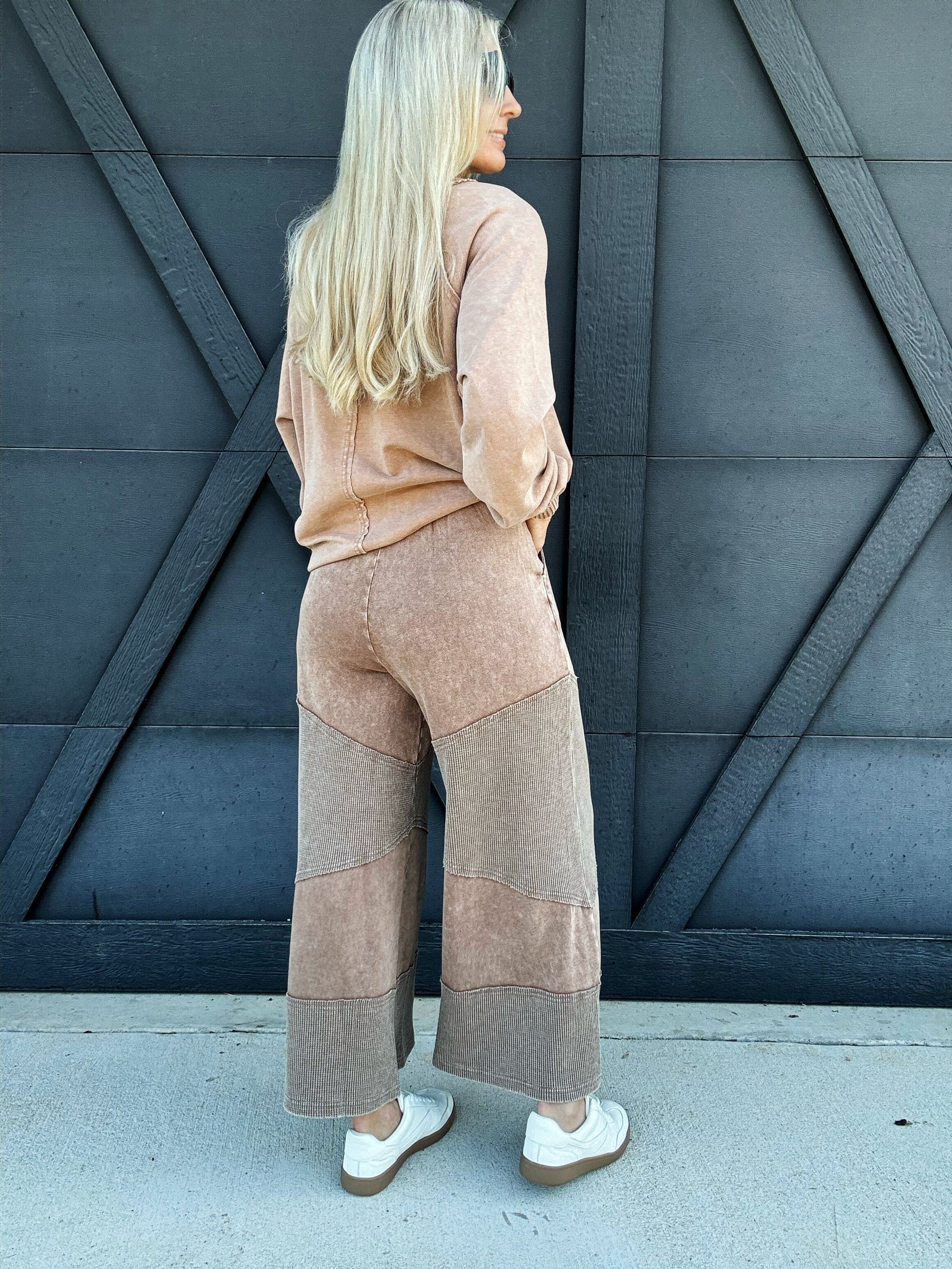 Washed Thermal Mix Terry Knit Pants In Mocha - Infinity Raine