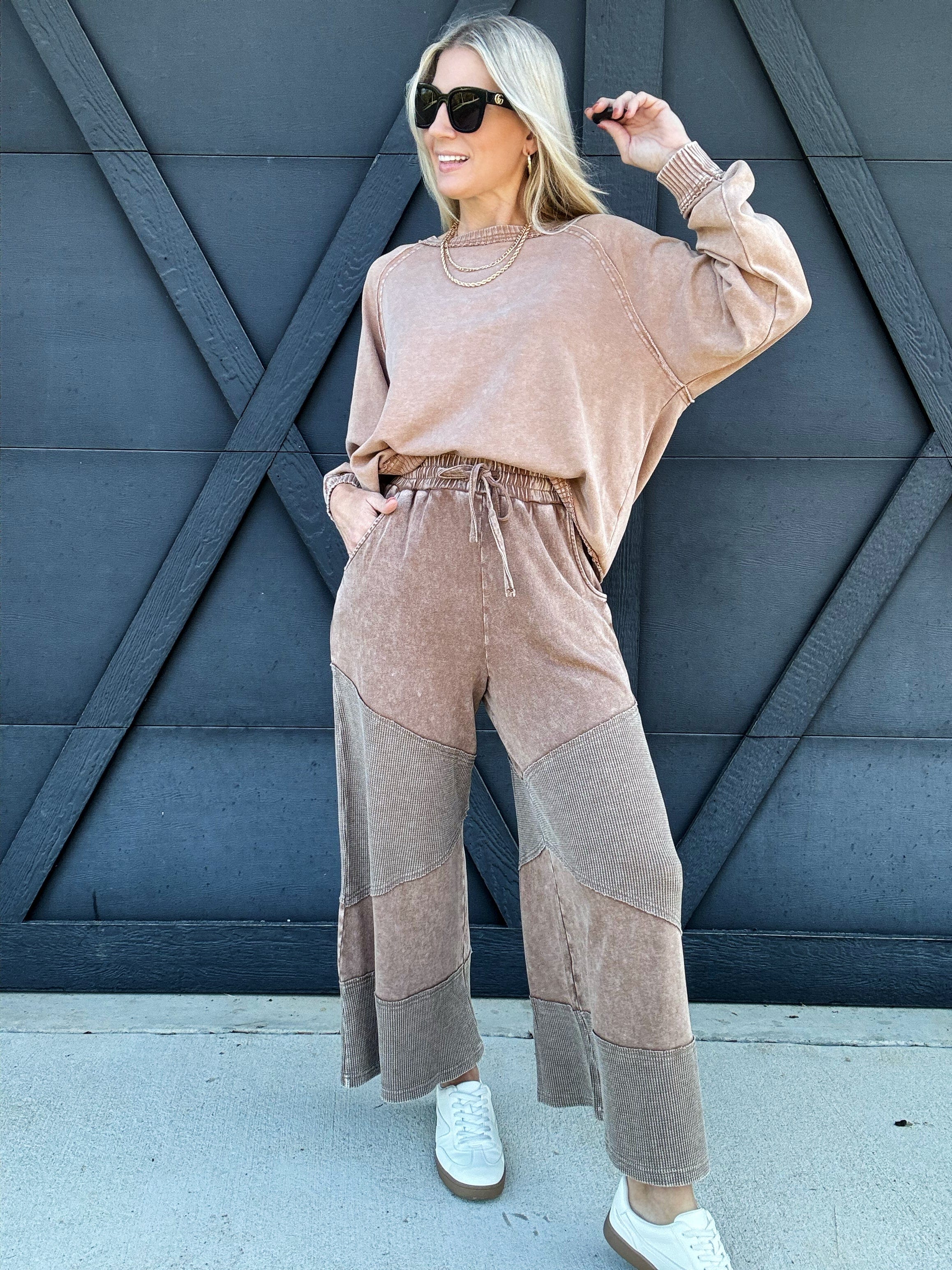 Washed Thermal Mix Terry Knit Pants In Mocha - Infinity Raine