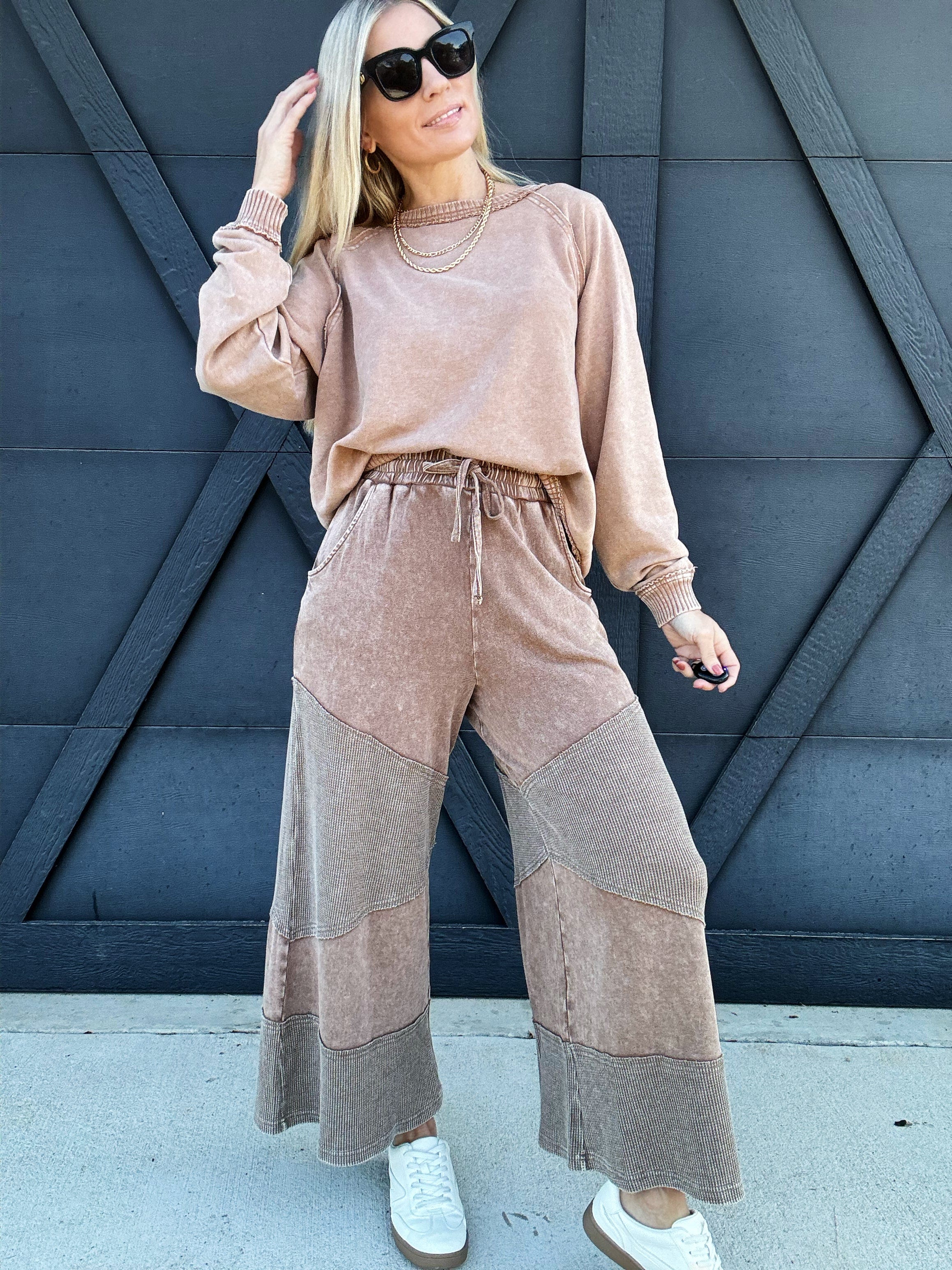 Washed Thermal Mix Terry Knit Pants In Mocha - Infinity Raine