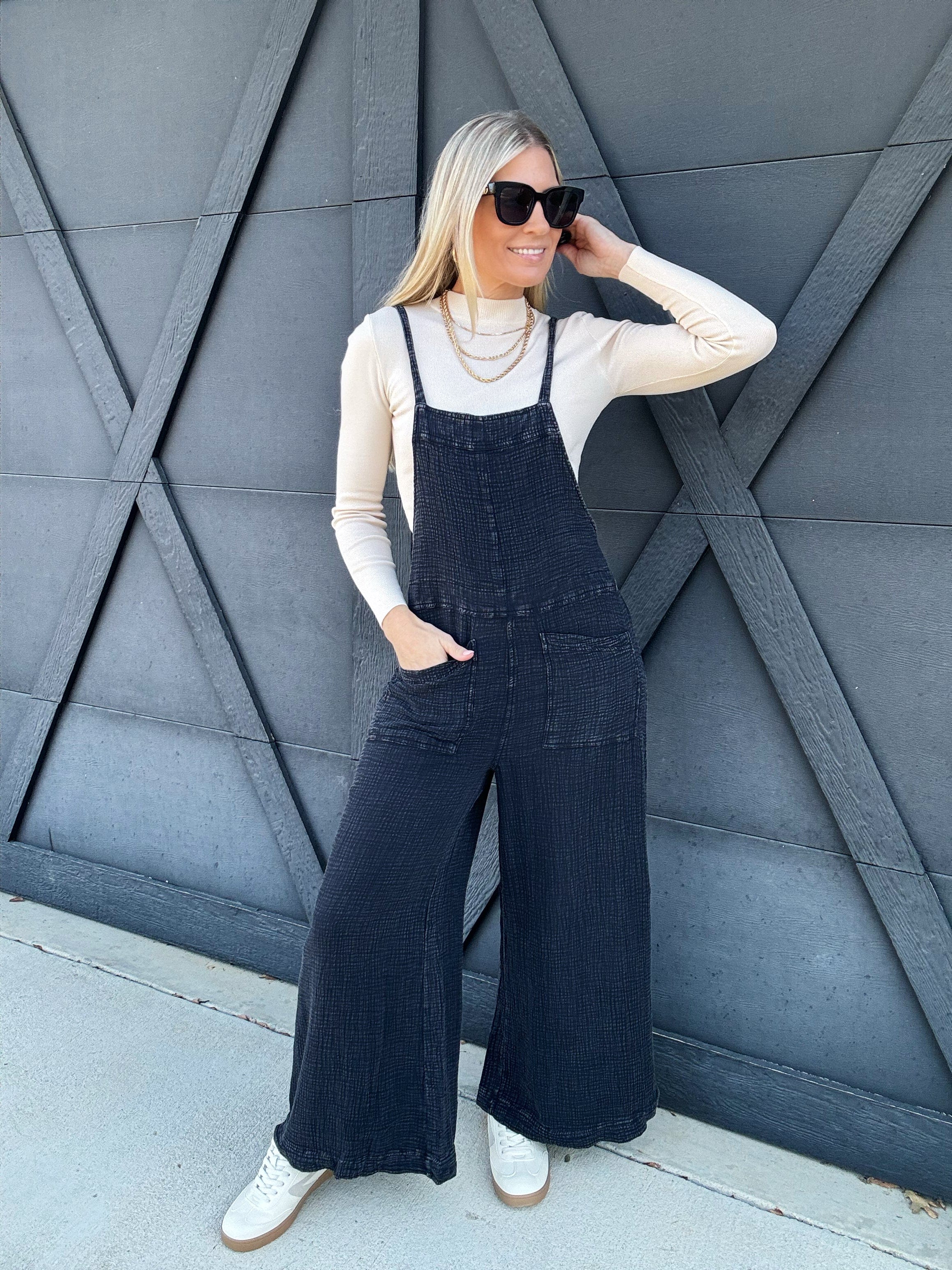 Mineral Washed Jumpsuit In Ash Black - Infinity Raine