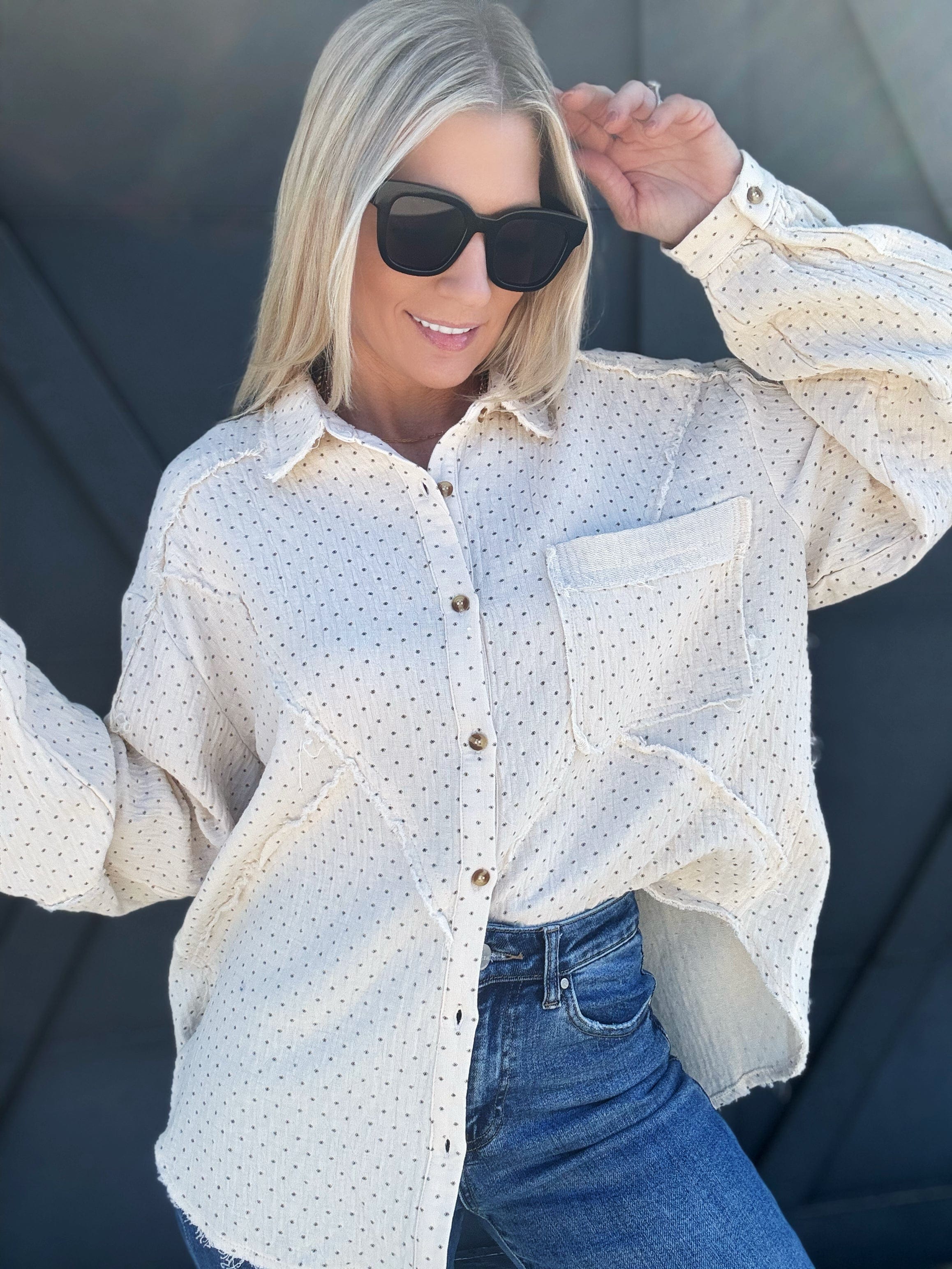 EASEL Tops - Blouses Printed Cotton Gauze Button Down In Cream