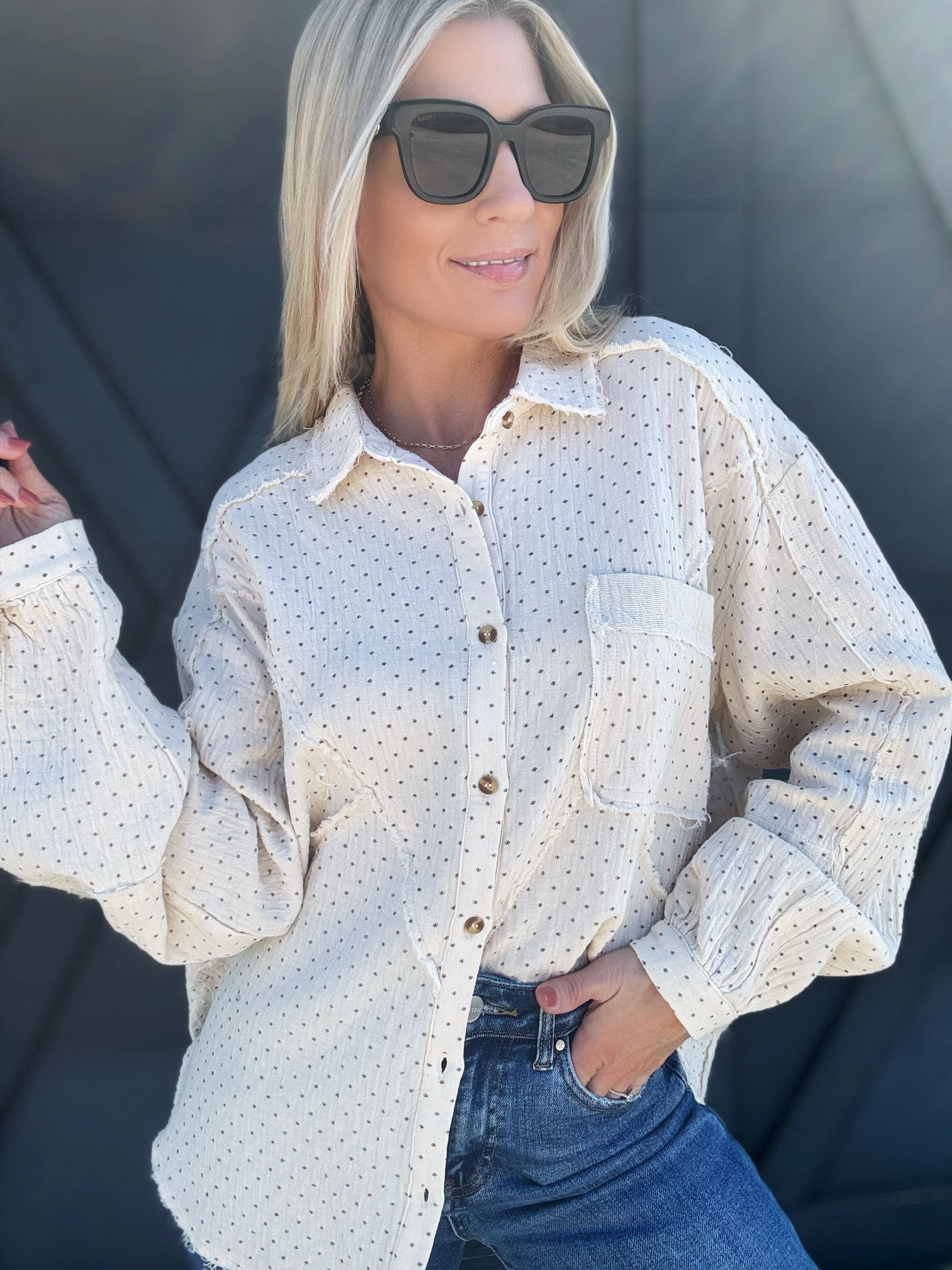 EASEL Tops - Blouses Printed Cotton Gauze Button Down In Cream