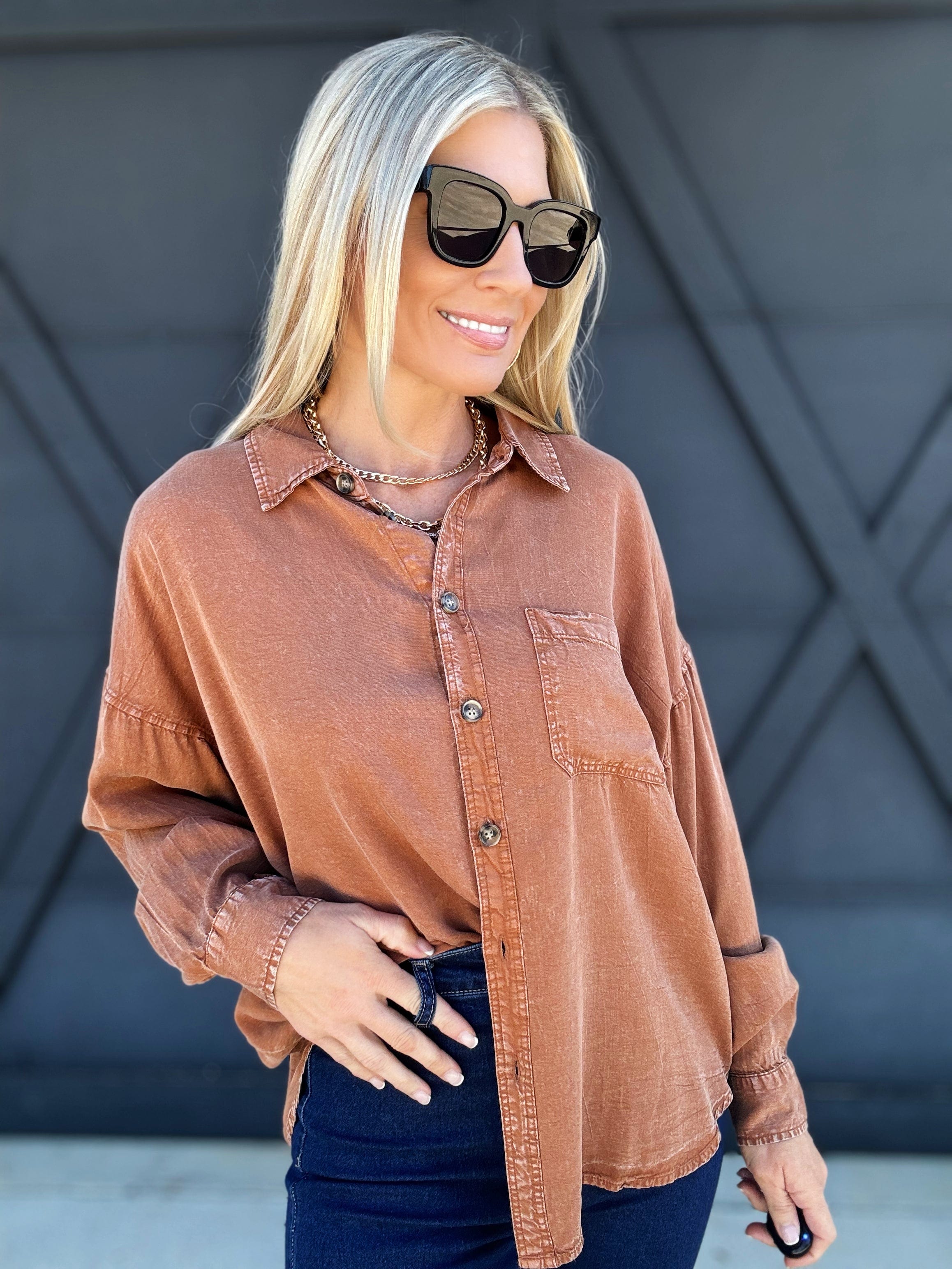 Trendy Button Down Top In Rust - Infinity Raine