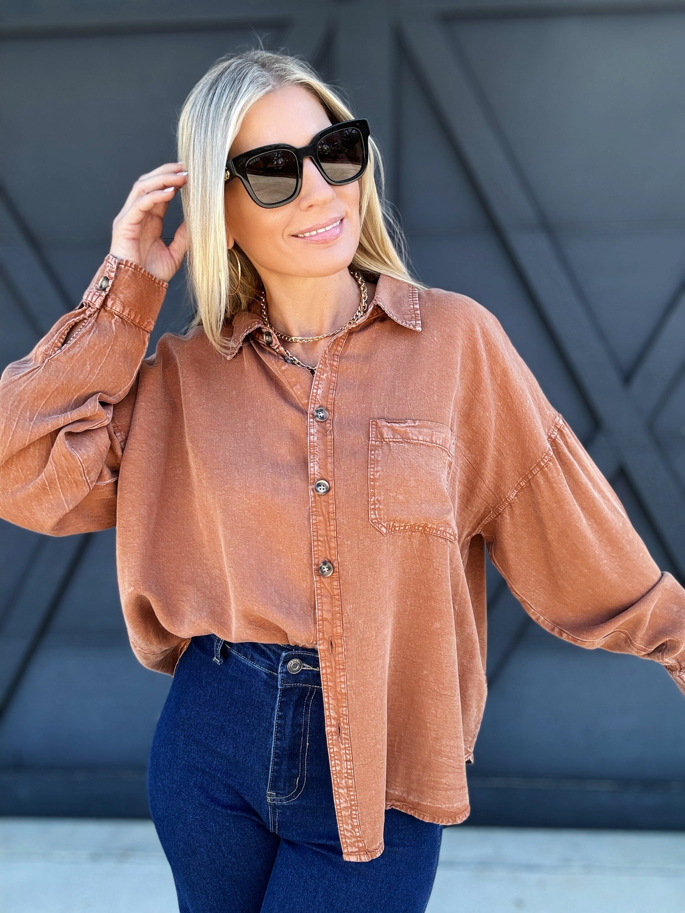 Trendy Button Down Top In Rust - Infinity Raine