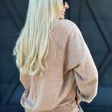 Mineral Washed Terry Knit Pullover In Camel - Infinity Raine