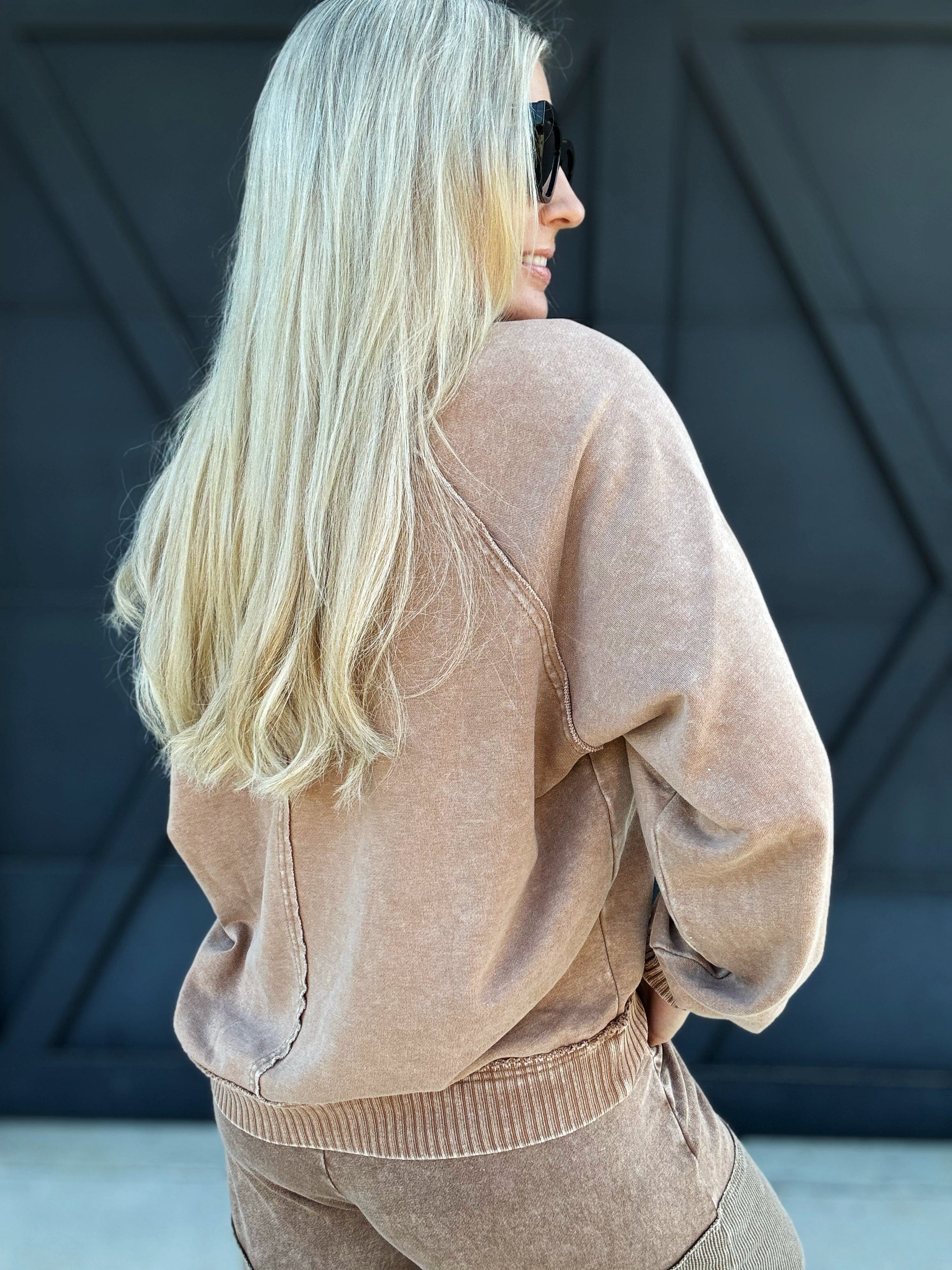 Mineral Washed Terry Knit Pullover In Camel - Infinity Raine