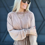 Mineral Washed Terry Knit Pullover In Camel - Infinity Raine