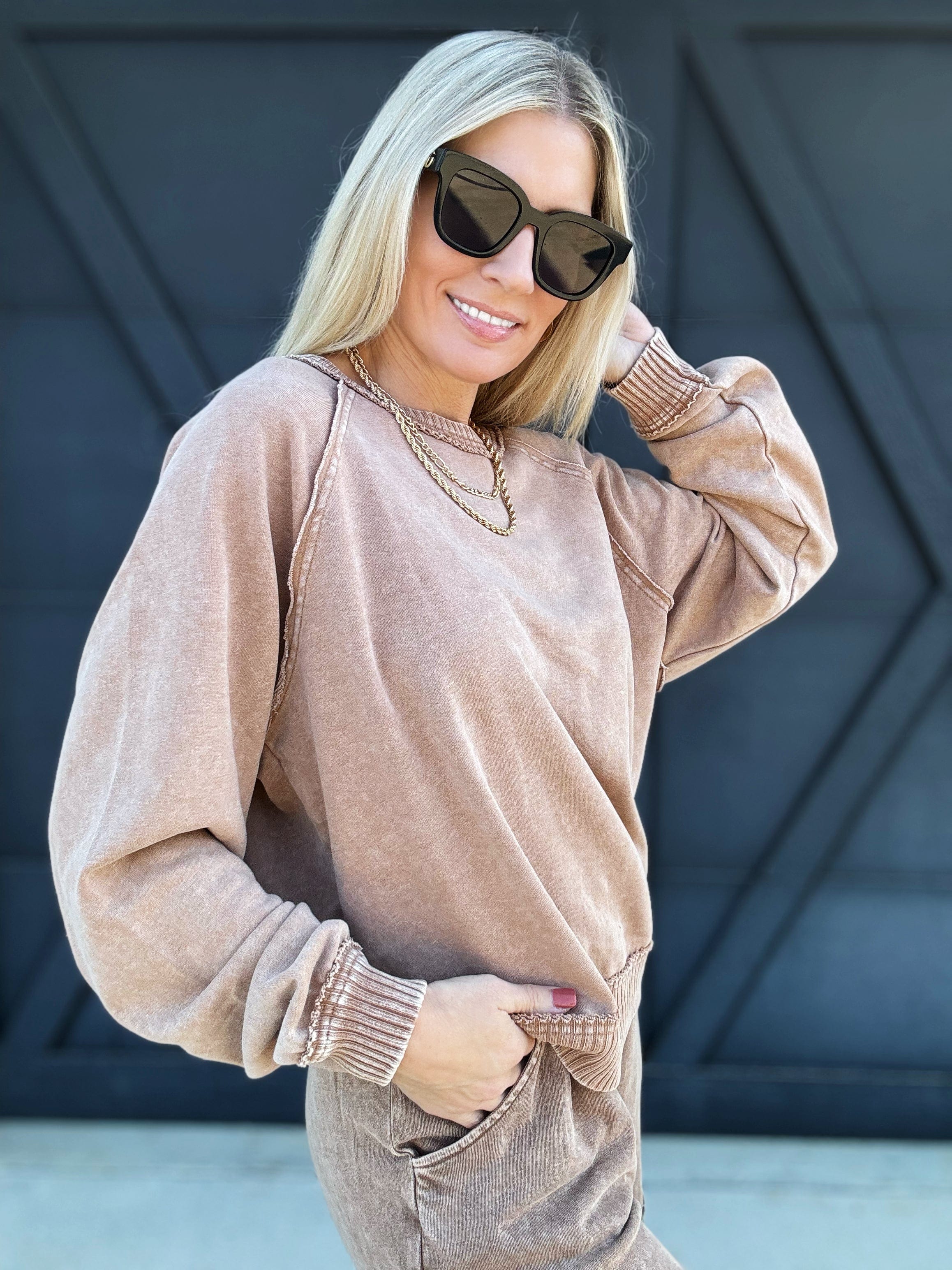 Mineral Washed Terry Knit Pullover In Camel - Infinity Raine