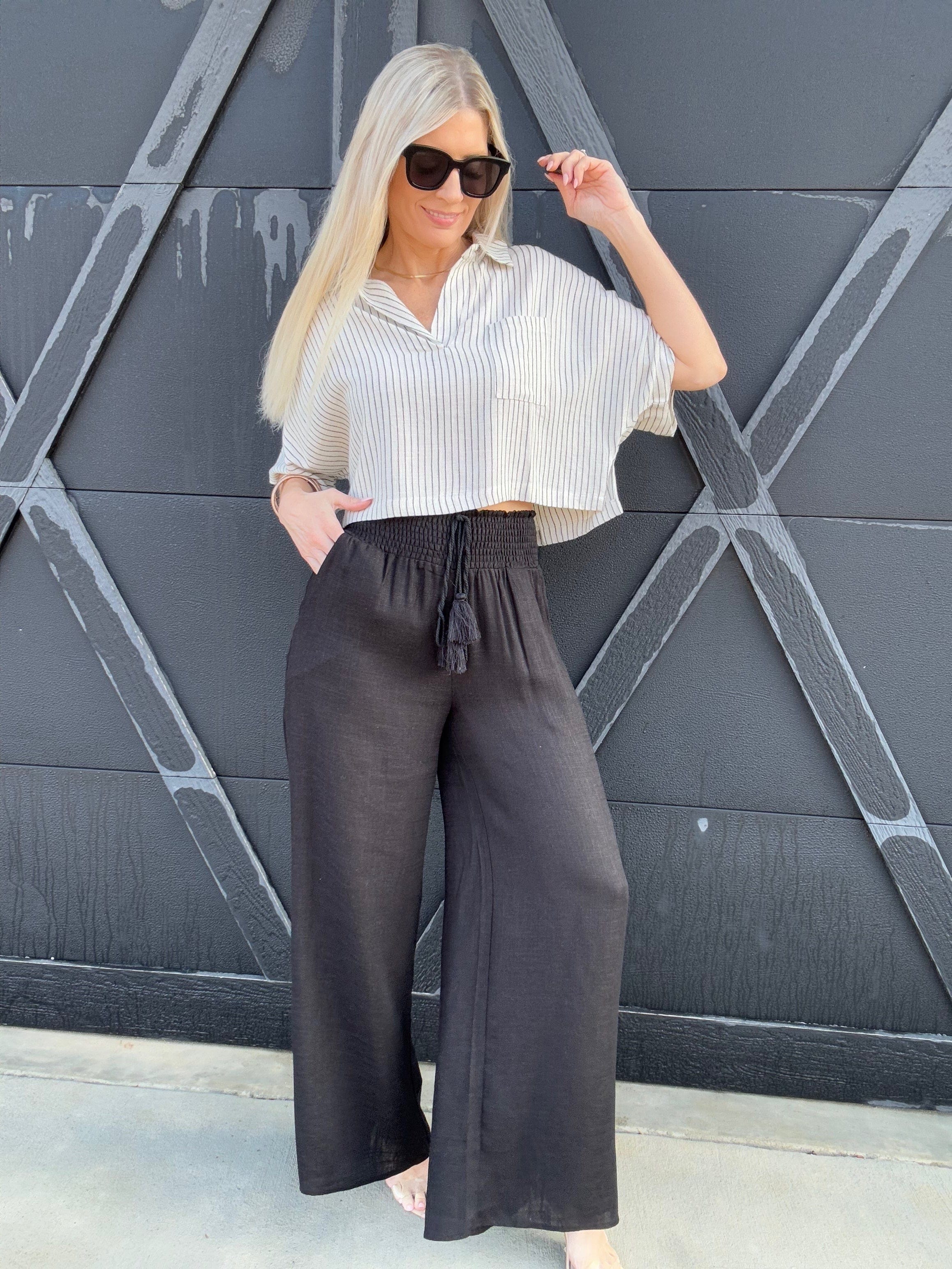 Flowy Straight Leg Tassel Pants In Black - Infinity Raine