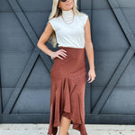 Satin Draped Midi Skirt In Brown - Infinity Raine