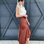 Satin Draped Midi Skirt In Brown - Infinity Raine