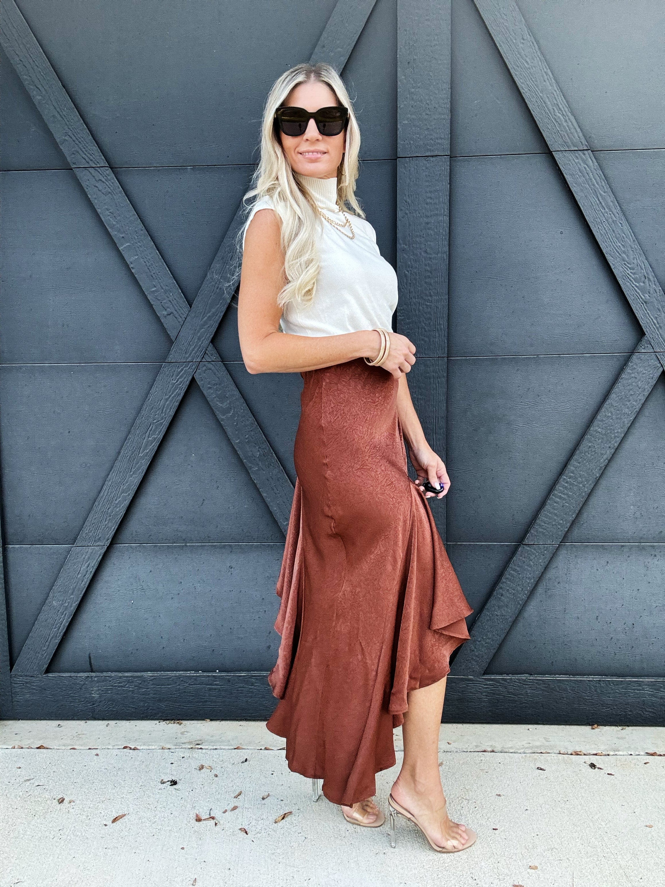 Satin Draped Midi Skirt In Brown - Infinity Raine