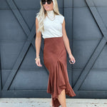 Satin Draped Midi Skirt In Brown - Infinity Raine