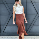 Satin Draped Midi Skirt In Brown - Infinity Raine