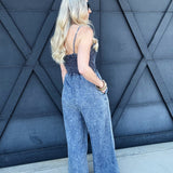 Mineral Washed Smocked Jumpsuit In Denim - Infinity Raine