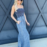 Mineral Washed Smocked Jumpsuit In Denim - Infinity Raine