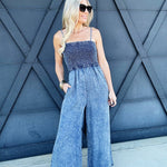 Mineral Washed Smocked Jumpsuit In Denim - Infinity Raine