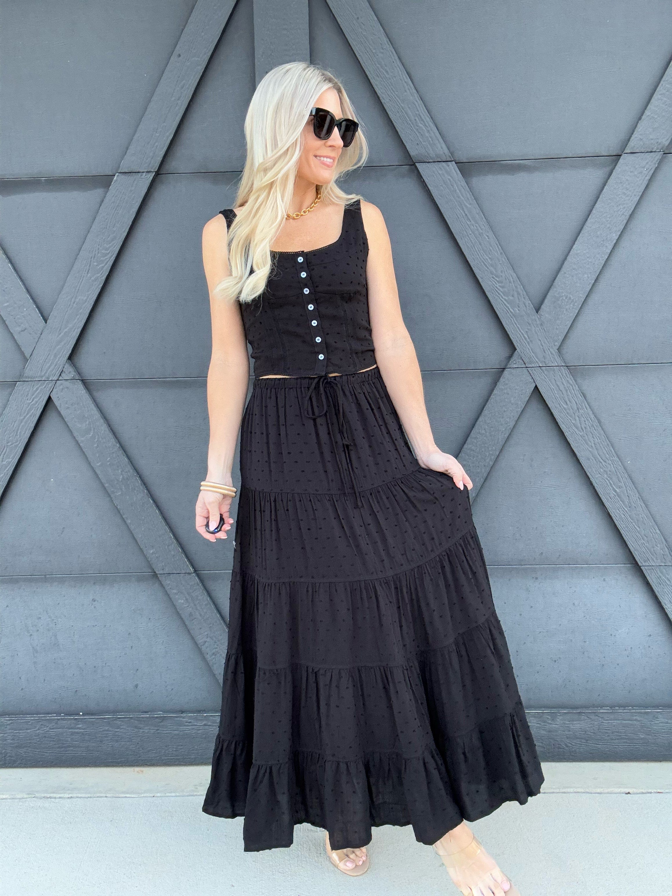 Textured Top Maxi Skirt Set In Black - Infinity Raine