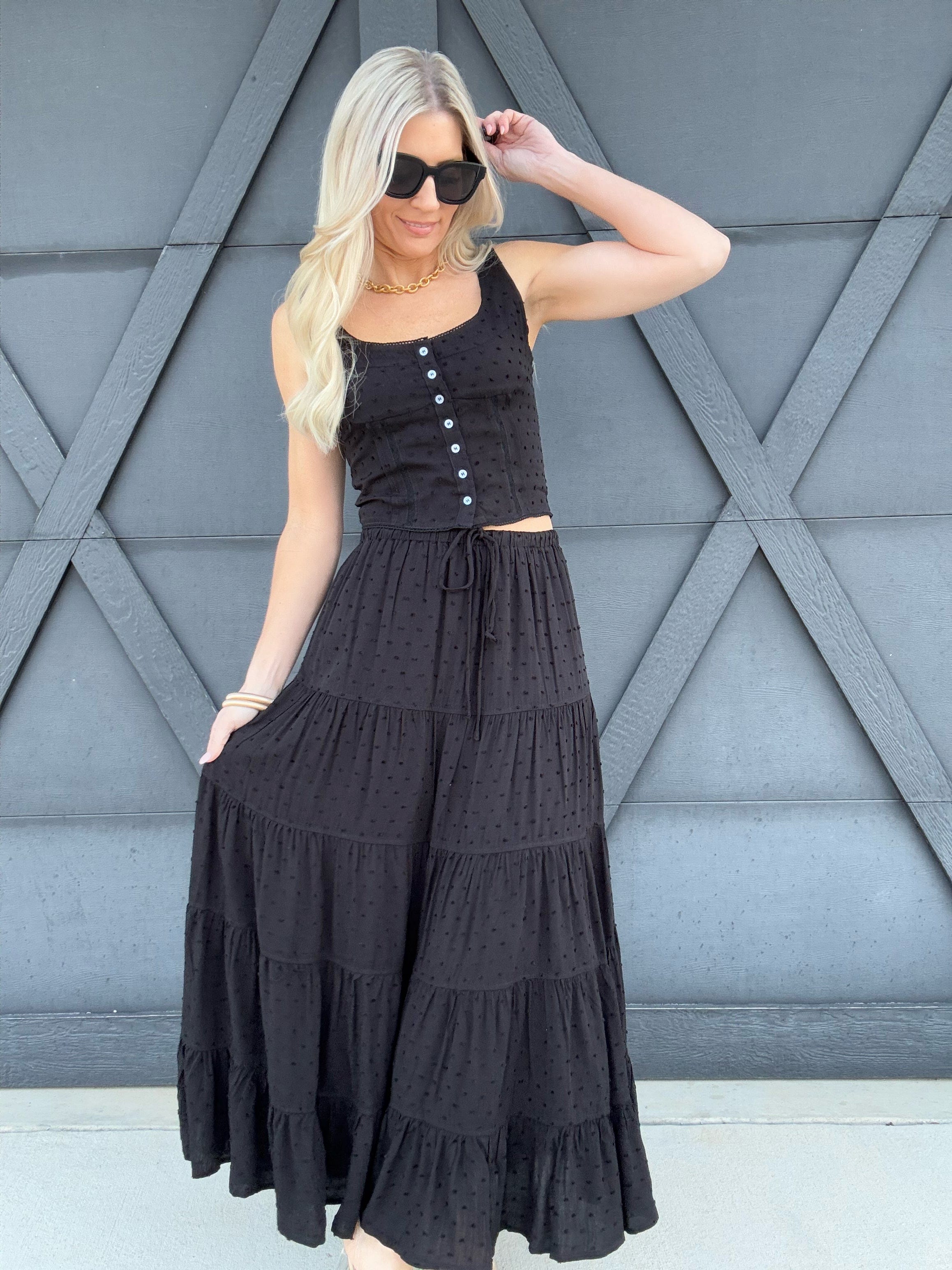 Textured Top Maxi Skirt Set In Black - Infinity Raine