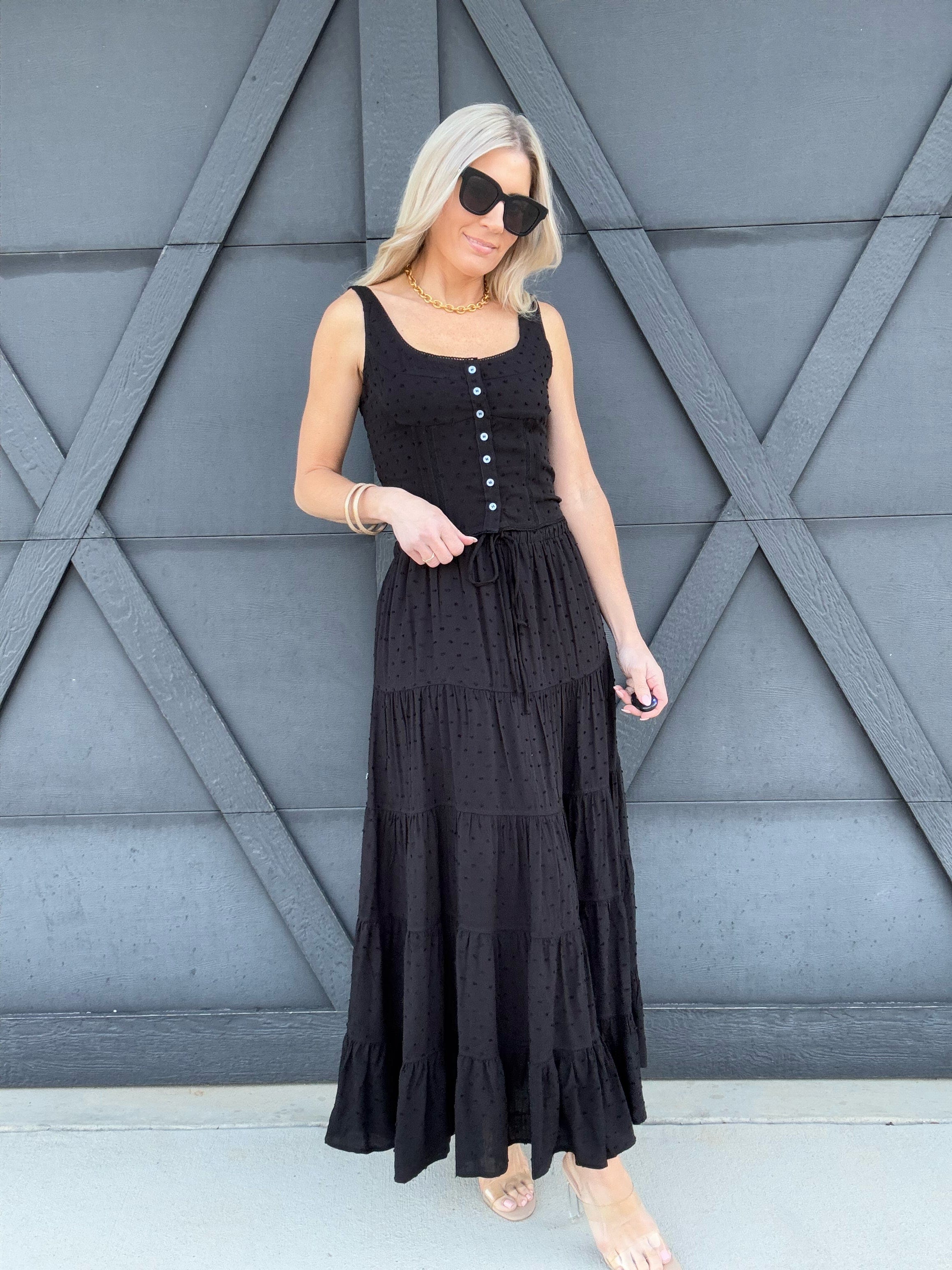 Textured Top Maxi Skirt Set In Black - Infinity Raine