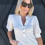 Half Button Short Sleeve Top In Off White - Infinity Raine