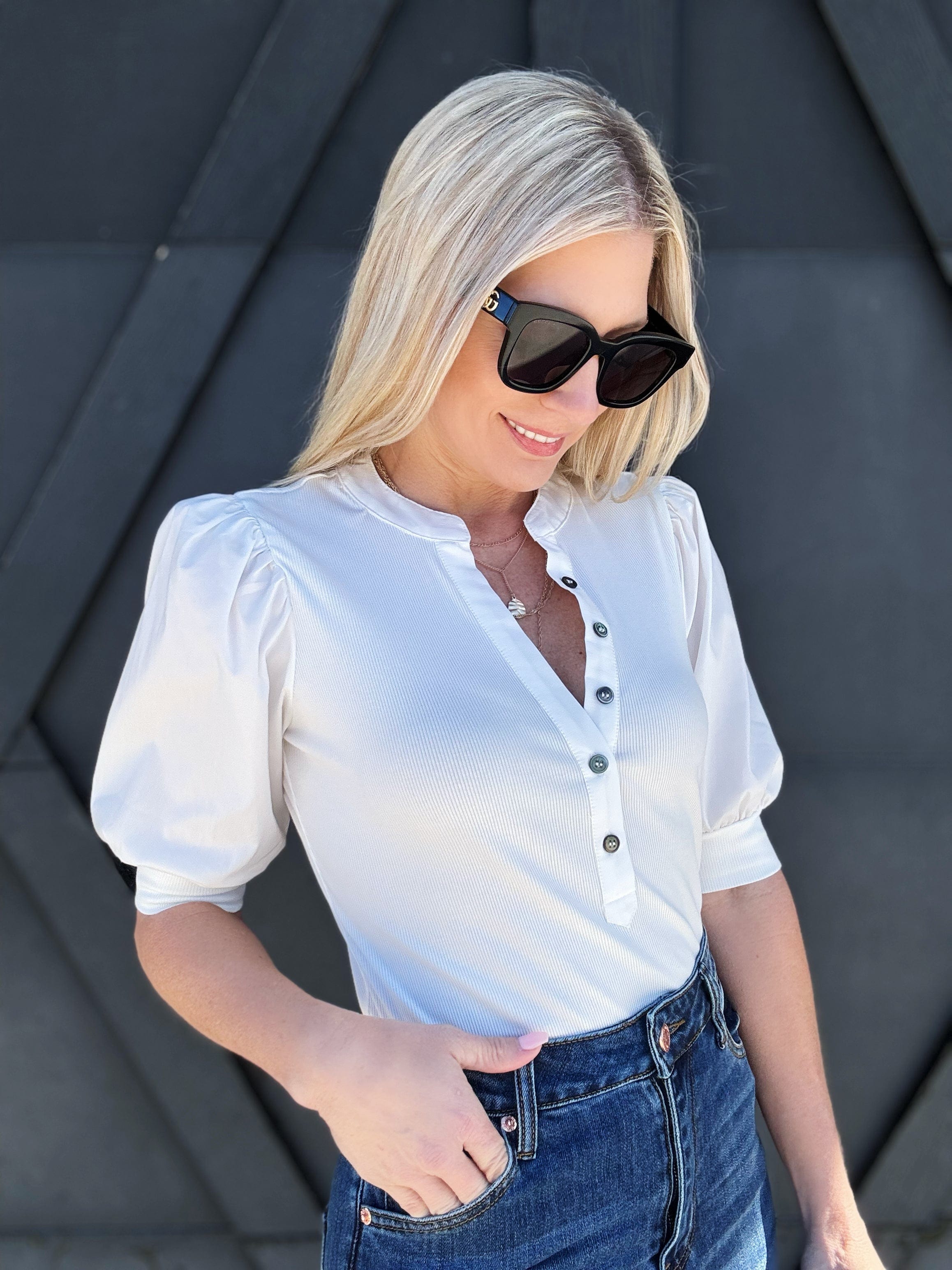 Half Button Short Sleeve Top In Off White - Infinity Raine