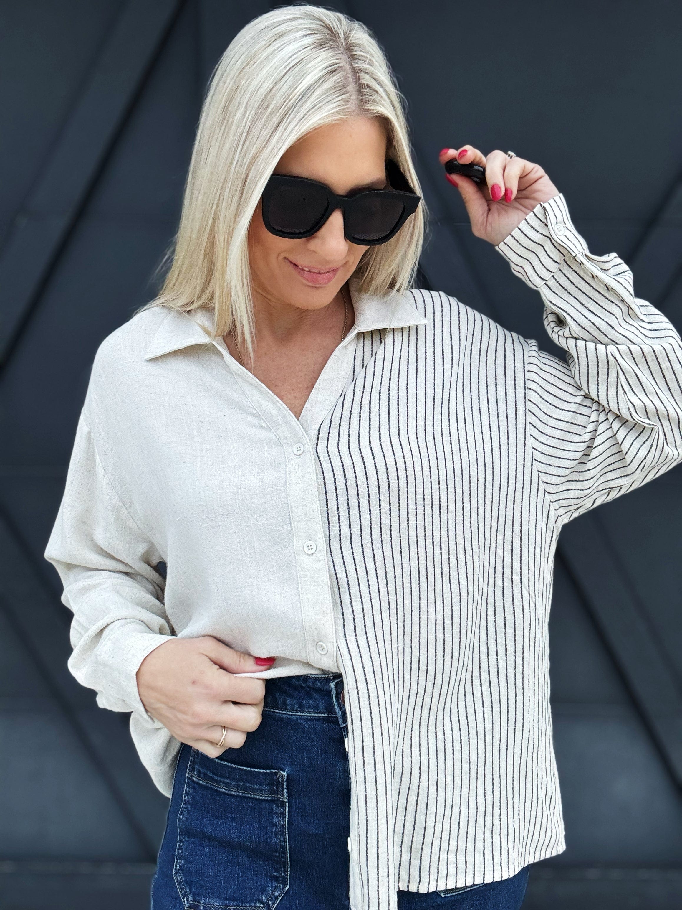 Half Stripe Button Down In Natural - Infinity Raine