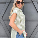 Striped Short Sleeve Blouse In Desert Sage - Infinity Raine