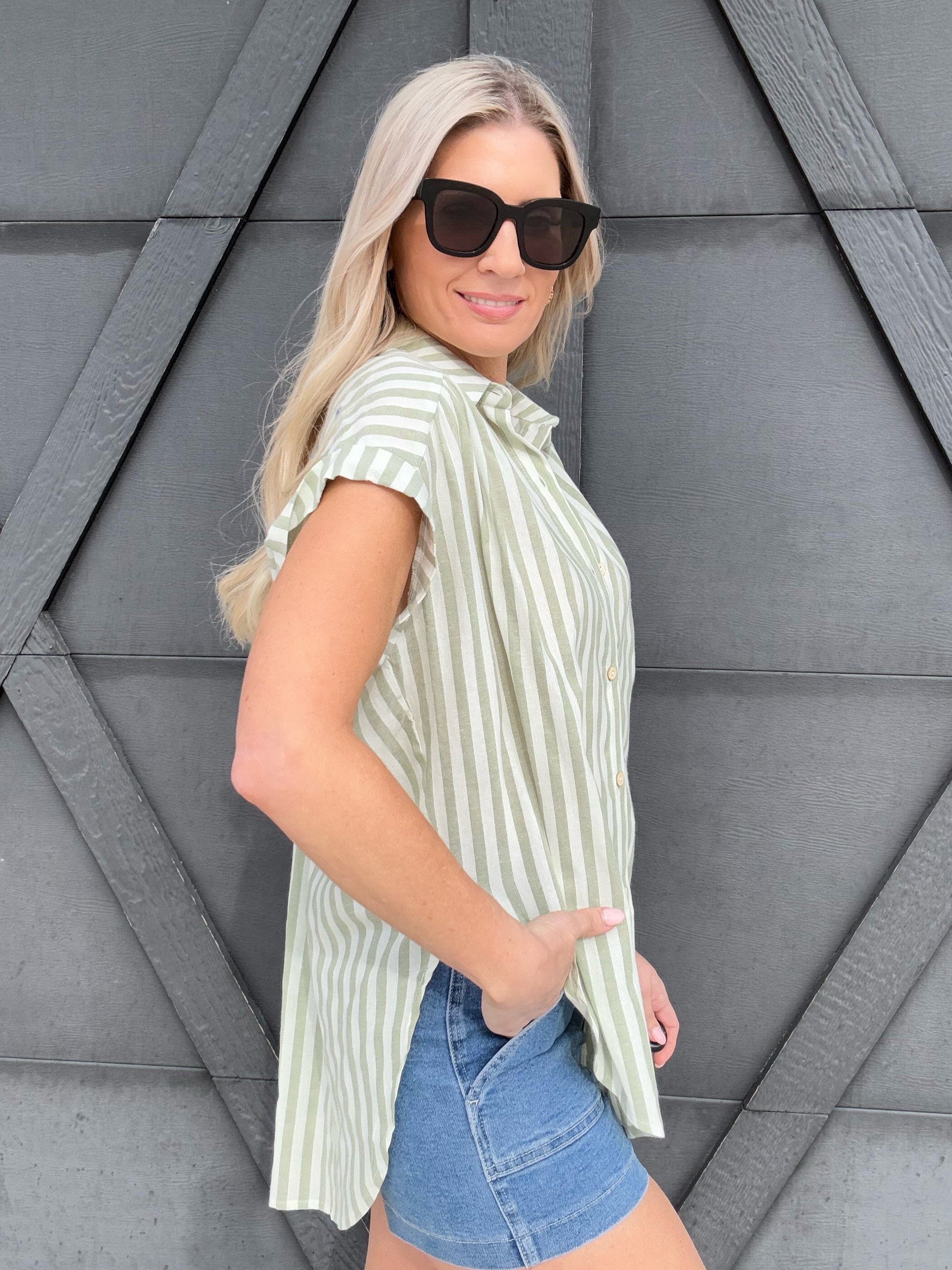 Striped Short Sleeve Blouse In Desert Sage - Infinity Raine