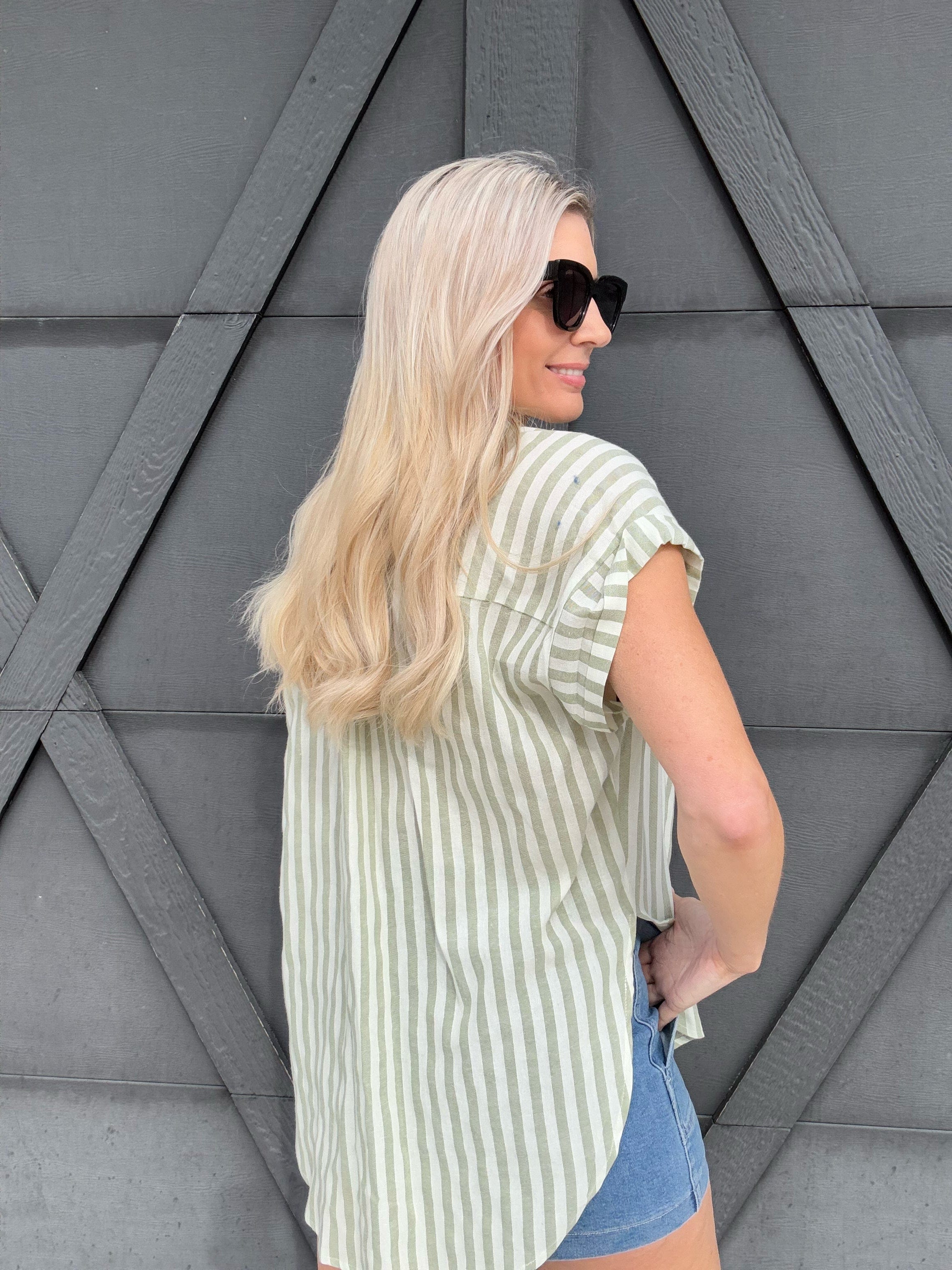 Striped Short Sleeve Blouse In Desert Sage - Infinity Raine